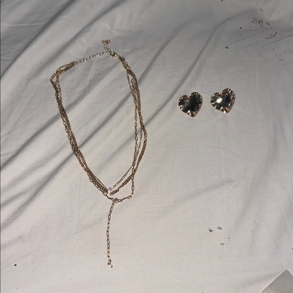 Gold Layered Heart Necklace and Heart Stud Earrings Set